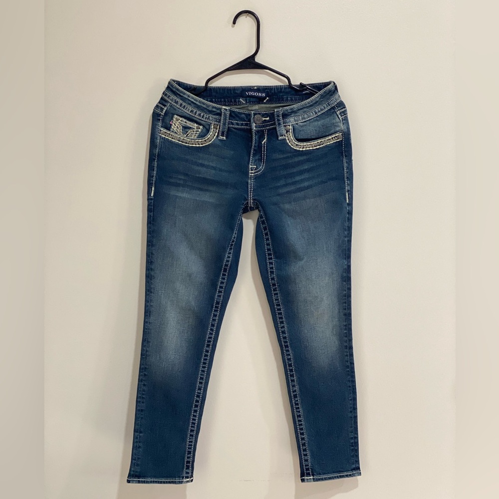 NWOT Vigoss Heritage Fit Thick Stitch Whiskering Denim Jean Capris Size S 4